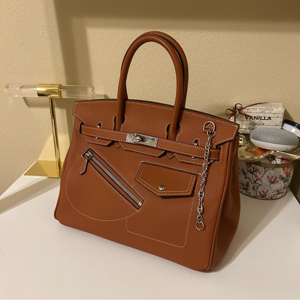 30cm Round Top Handle Front Pockets Satchel Brown